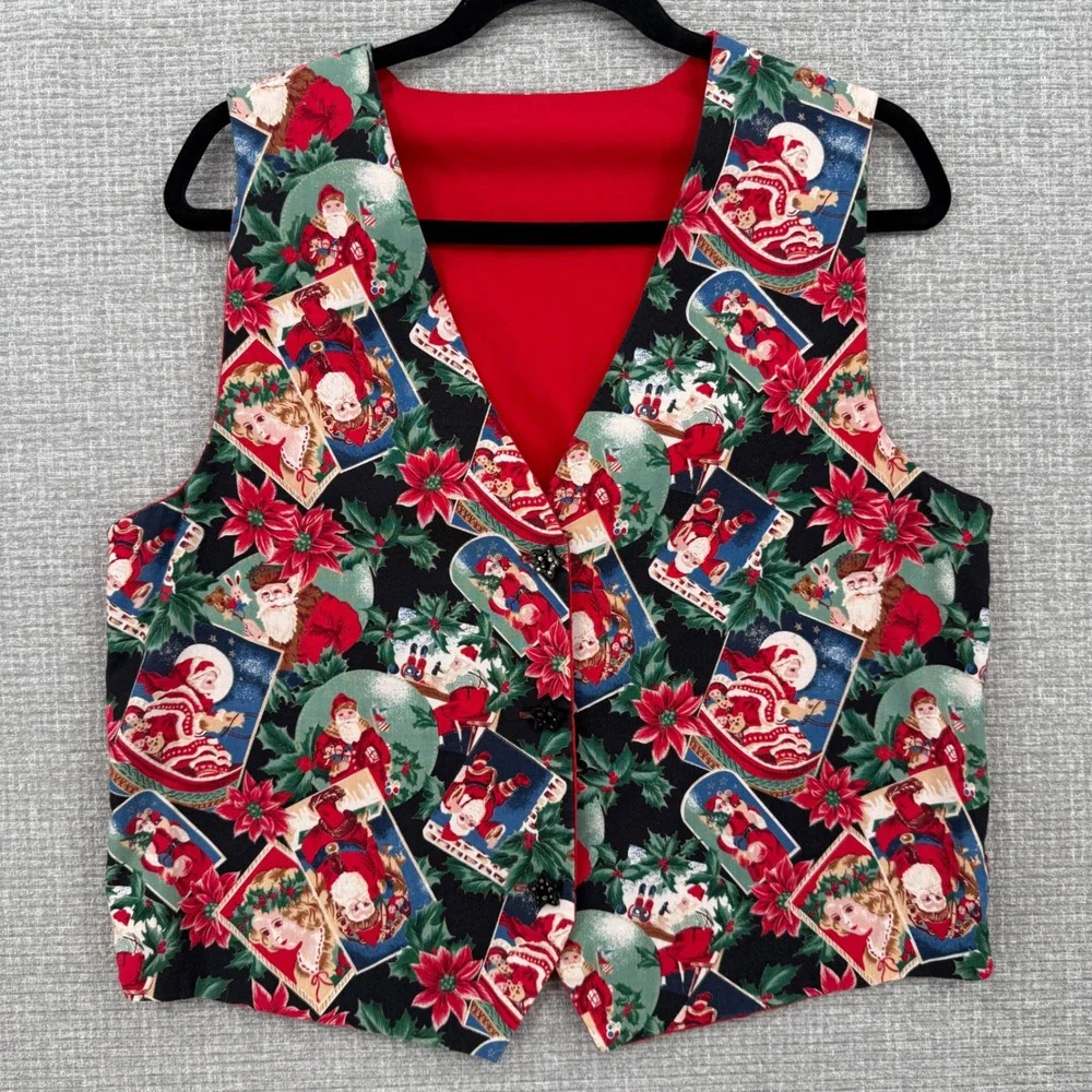 Vtg Men's Novelty Handmade Christmas Vest‎ Santa Claus Poinsettia V-Neck Sz M